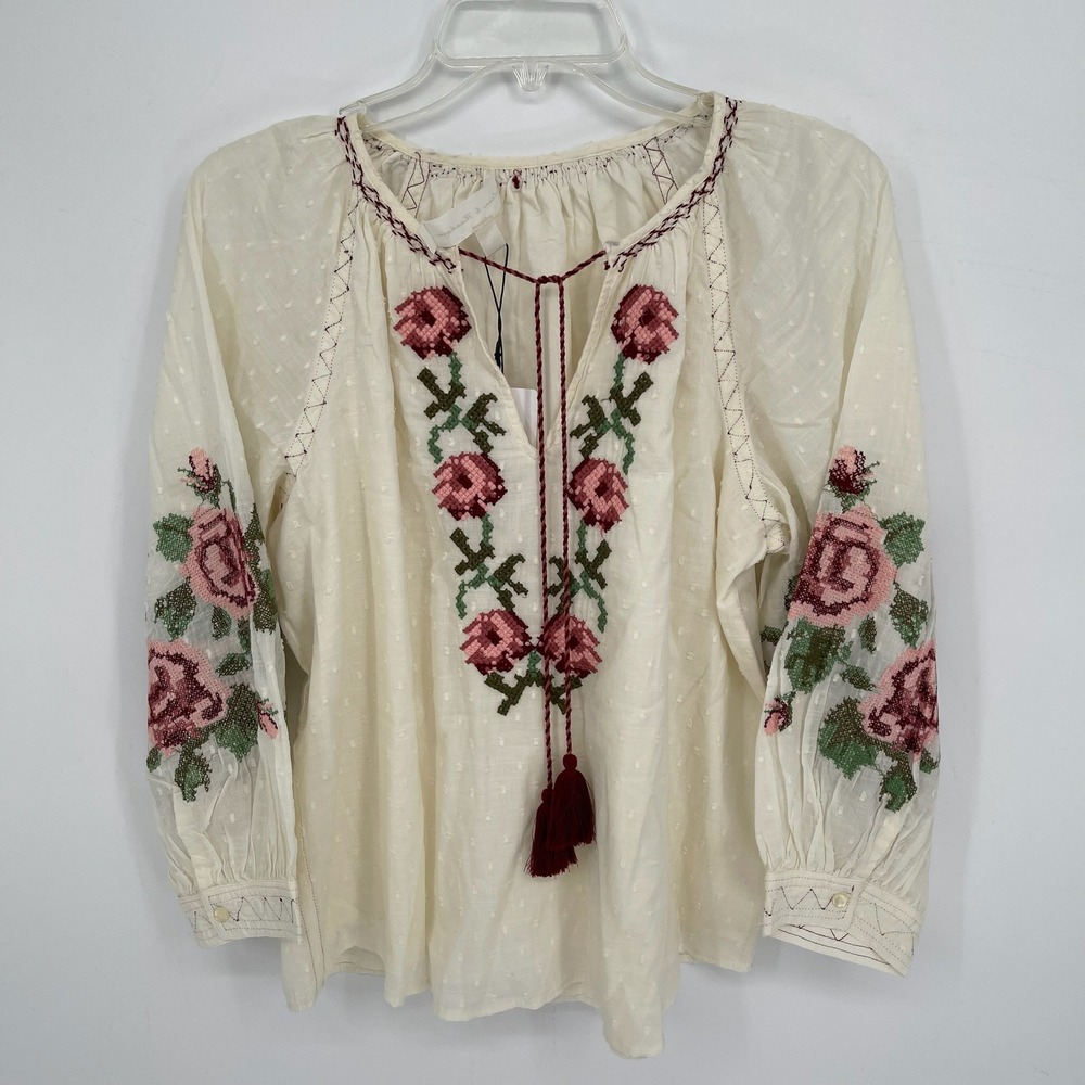 Chelsea & Theodore NWT Women's Cream Floral Embroidered Boho Peasant Top Size XS